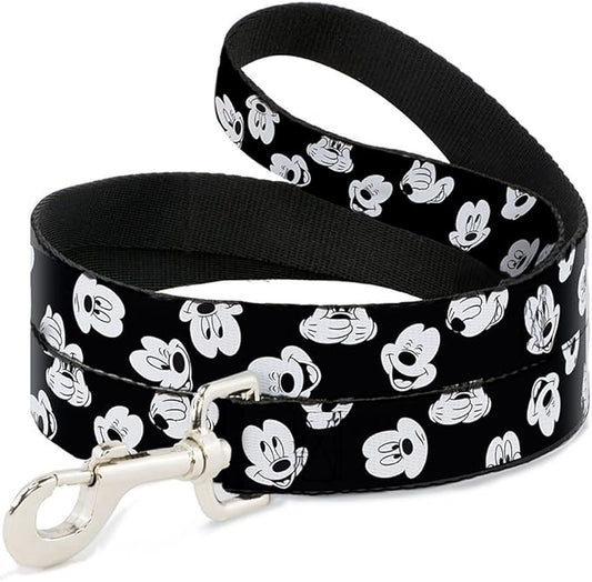 Buckle-Down Pet Leash - Mickey Mouse Expressions Scattered Black/White - 6 Feet Long - 1/2" Wide
