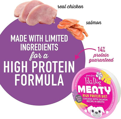 Tiki Dog Meaty – Grain Free High Protein Wet Dog Food Salmon Recipe in Broth, 4 cans, 3 oz