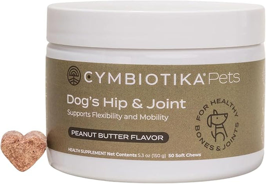 CYMBIOTIKA Dog Hip & Joint Support Supplement, Cod Liver Oil and MSM Supplement for Dog Bone Health Support, Omega Rich Chewy Treats for Small to Large Breed Dogs, Peanut Butter Flavor, 50 Chews