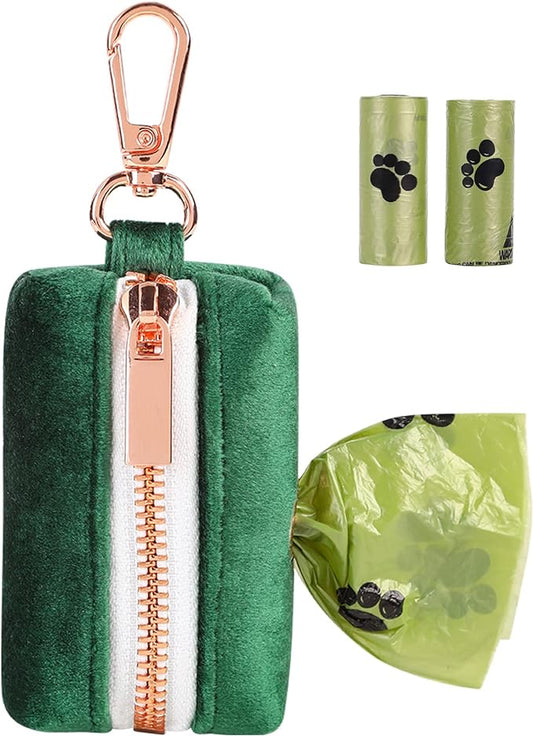 ARING PET Dog Poop Bag Holder, Velvet Doggy Waste Bag Dispenser Attach to Any Leashes, Dark Green Portable Washable Pet Waste Pouch Dispenser with Metal Zipper