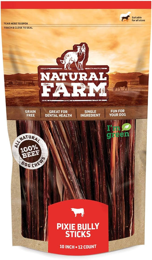 Natural Farm Pizzle Bully Sticks (10 Inch, 12 Pack), Pixie Chew, Extra-Thin Pet Treats - Grain-Free, High Protein, Best Rawhide Alternative for Small, Puppies or Senior Dogs