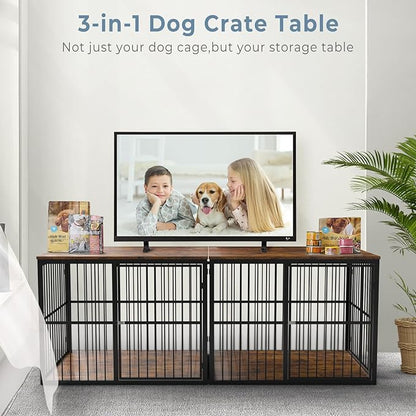 86.62''Dog Crate Furniture Large Breed TV Stand with Double Rooms,Wooden Dog Kennel Dog Crate End Table with Removable Divider for Large Medium Dogs, Can Use Separately, Brown