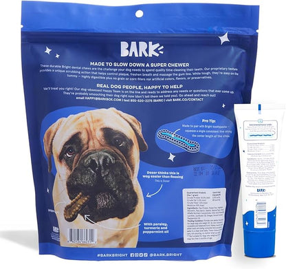 Bark Bright Durable Dental Chews Kit - Dog Tooth Brushing Treatment with Teeth Cleaning Chew Sticks & Toothpaste - Plaque & Tartar Remover for Cleaner Teeth & Fresh Breath - Large Breeds - 15 Chews