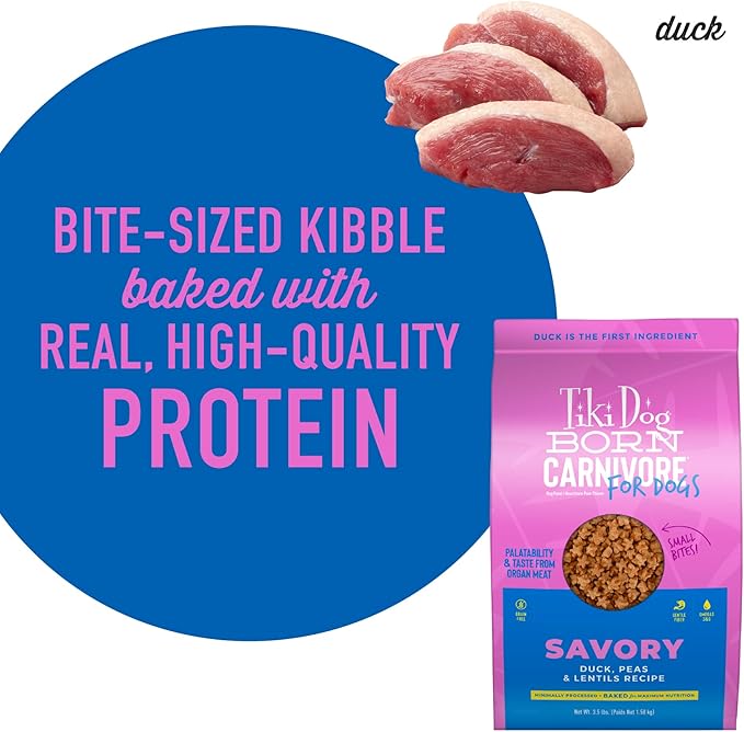 Tiki Dog Born Carnivore for Dogs, Savory Duck, Peas & Lentils Recipe, Grain Free Baked Kibble for Maximum Nutrition, For Adult Dogs and All Size Breed Dogs, 3.5 lbs Bag