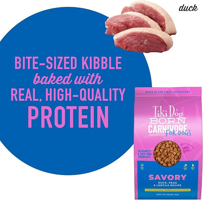 Tiki Dog Born Carnivore for Dogs, Savory Duck, Peas & Lentils Recipe, Grain Free Baked Kibble for Maximum Nutrition, For Adult Dogs and All Size Breed Dogs, 3.5 lbs Bag