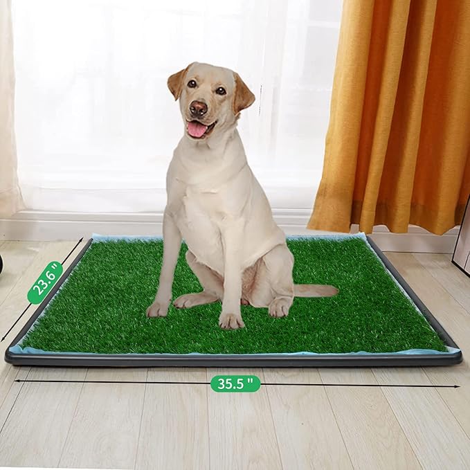 Dog Grass Pad with Tray,35.5” x 23.6” Indoor Dog Potty System 2 Pics Replacement Artificial Grass Mats-5 Pics Disposable Puppy Pads,for Puppy Training Apartment,Balcony and Apartment Use