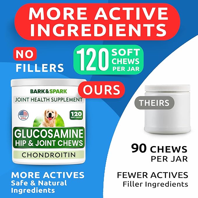 Bark&Spark Glucosamine Chondroitin Dog Hip & Joint Supplement - Joint Pain Relief - Hip & Joint Chews - Joint Support Large Small Breed - Senior Doggie Vitamin Pill Joint Health (120 Treats - Bacon)