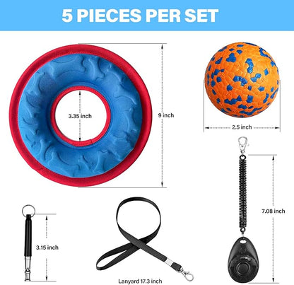 Dog Training Kit include Dog Training Clicker with Wrist Strap, Dog Whistle with Black Strap Lanyard, Dog Flying Discs, Dog Toy Balls, Suitable for Small Medium Dogs Training Tools (dark-colored)