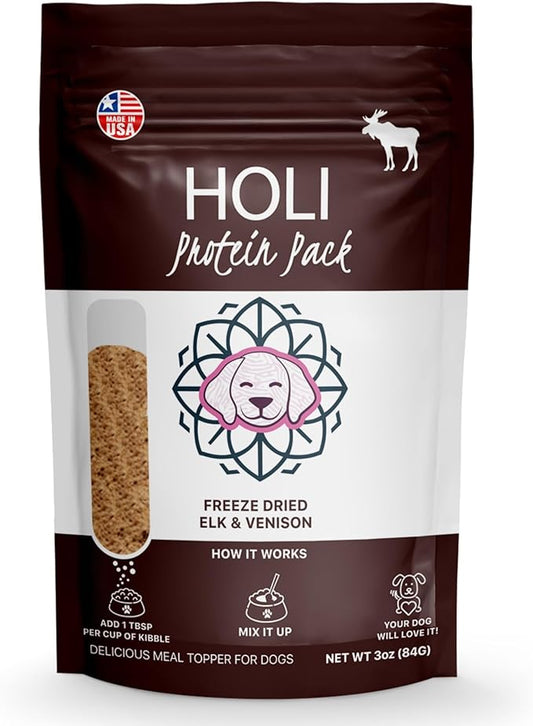 HOLI Freeze Dried Elk and Venison Dog Food Topper - 96% Meat, Wild Caught Free Range - Freeze Dried Dog Food Flavor Enhancer for Picky Dogs – 100% All Natural - 3oz