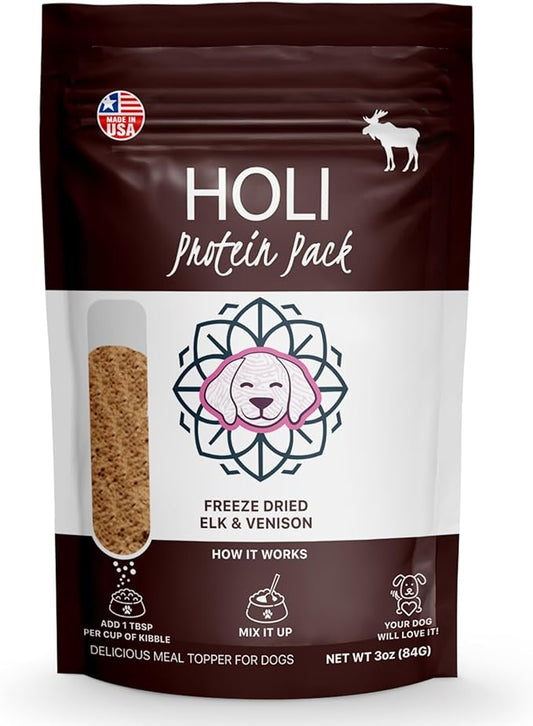 HOLI Freeze Dried Elk and Venison Dog Food Topper - 96% Meat, Wild Caught Free Range - Freeze Dried Dog Food Flavor Enhancer for Picky Dogs – 100% All Natural - 3oz