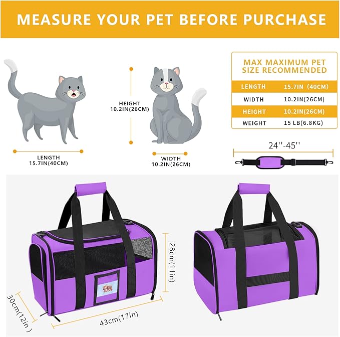 Cat Carrier, Dog Carrier, Pet Carrier Airline Approved for Cat, Small Dogs, Kitten, Cat Carriers for Small Medium Cats Under 15lb, Collapsible Soft Sided TSA Approved Cat Travel Carrier-Purple