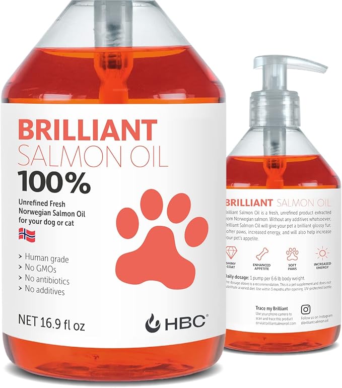 Brilliant Omega 3 Salmon Oil for Dogs & Cats - Norwegian Fish Oil Supplement with EPA & DHA Fatty Acids for Shedding, Allergy, Itching, Dry Skin & Joint Health - Skin and Coat Fish Oil Liquid, 16.9 Oz
