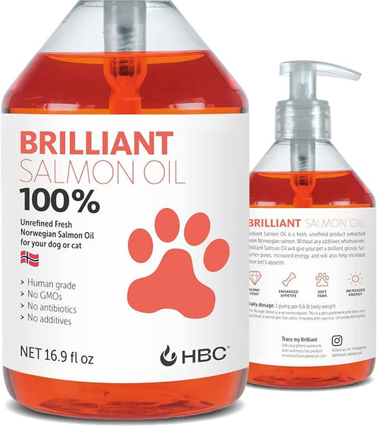 Brilliant Omega 3 Salmon Oil for Dogs & Cats - Norwegian Fish Oil Supplement with EPA & DHA Fatty Acids for Shedding, Allergy, Itching, Dry Skin & Joint Health - Skin and Coat Fish Oil Liquid, 16.9 Oz