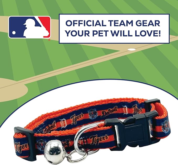 MLB CAT Collar Detroit Tigers Satin Cat Collar Baseball Team Collar for Dogs & Cats. A Shiny & Colorful Cat Collar with Ringing Bell Pendant