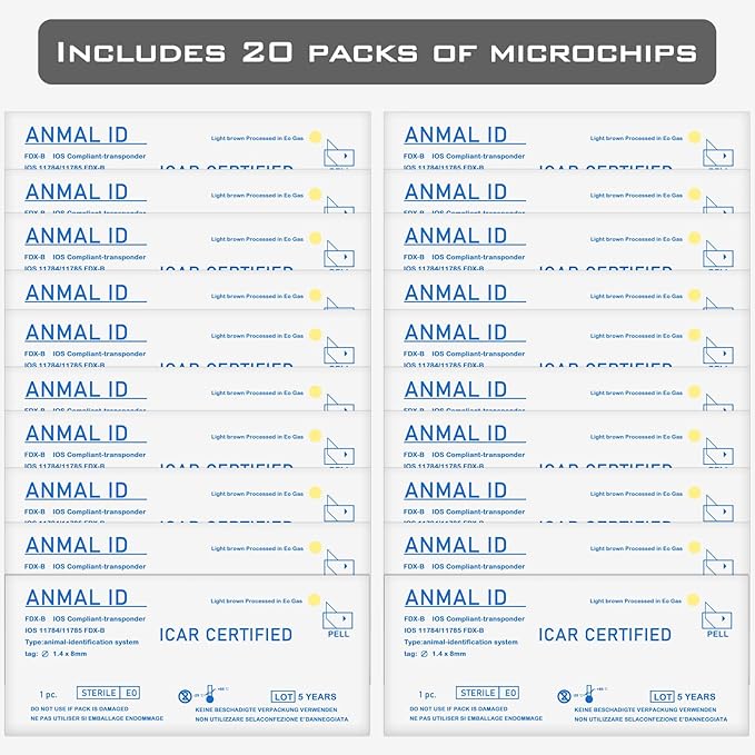 Smoostart 20 Pack 1.4x8mm Universal Standard Pet Microchip, ISO11784(85)/FDX-B Pet ID Tags, 15 Bit Microchip Dog for Animal/Pet/Dog/Cat/Pig
