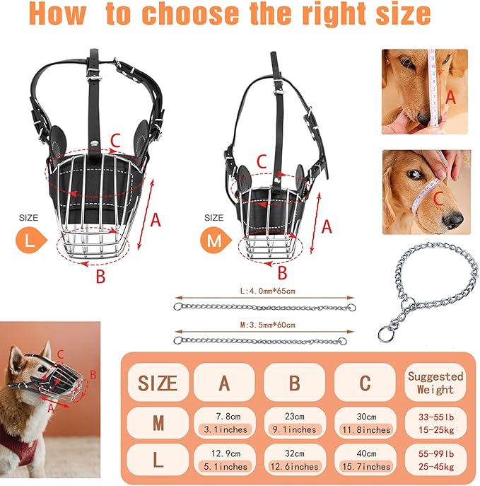 Dog Muzzle, Dog Metal Face Basket, Dog Mouth Breathable Adjustable Leather Leash Suitable for Large Medium-Sized Dogs.