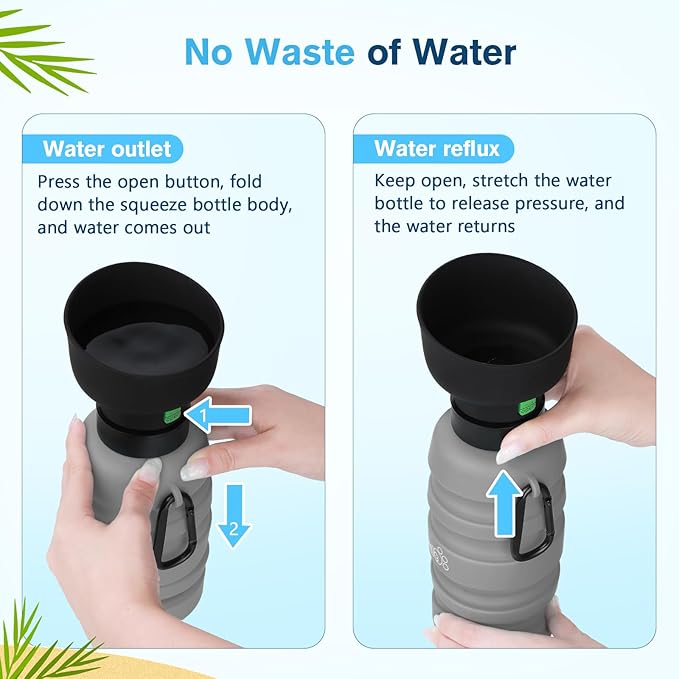 Pecute Dog Water Bottle Portable, 29oz Dog Foldable Water Bottle with Folding Bowl, Carabiner Clip, 5 Levels Capacity, 100% Food Grade Silicone, Dog Water Bottle for Outdoor Walking, Travel(Grey)