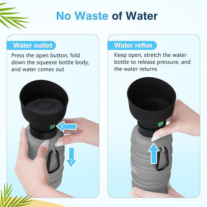 Pecute Dog Water Bottle Portable, 29oz Dog Foldable Water Bottle with Folding Bowl, Carabiner Clip, 5 Levels Capacity, 100% Food Grade Silicone, Dog Water Bottle for Outdoor Walking, Travel(Grey)