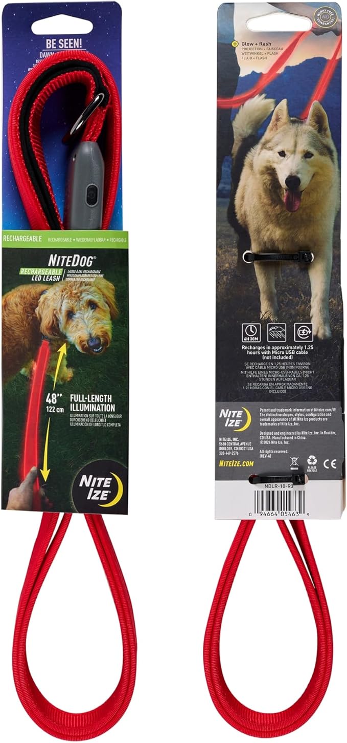 Nite Ize NiteDog Rechargeable LED Leash - Rechargeable LED Light Dog Leash with Padded Handle - Dog Walking Accessories for Walking & Running - 5 Feet, Red