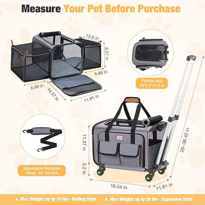 Lekereise Airline Approved Cat Dog Carrier with Wheels Expandable Rolling Pet Carrier for Medium Dogs and Cats Under 15 25LBS, Pet Travel Carrier on Wheels, Grey