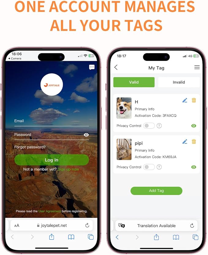 Joytale [ NO APP Required ] Silent Silicone QR Code Dog Tag, Slide On Dog Tags for 3/8-5/8 Inch Wide Collars or Vest, NFC Pet Online Profile, Scan QR to Send Location Alert Email, Orange, S