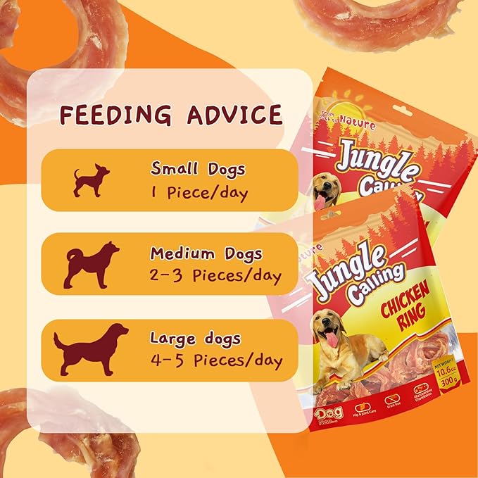 Jungle Calling Dog Treats Chicken Rings, Chewy Snacks for All Dogs Help Hip & Joint Health, Chicken Jerky for Dogs