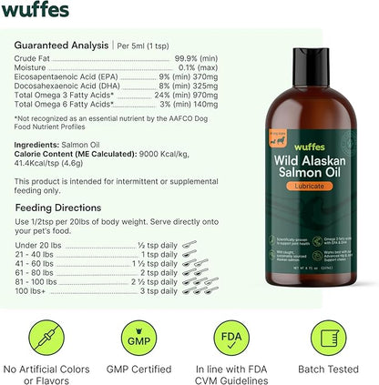 Wuffes Wild Alaskan Salmon Oil for Dogs - Natural EPA & DHA Fatty Acids and Omega 3 for Canines, Healthy Skin and Coat, Joint Support, Reduced Allergic Response - 100% Pure Fish Oil for Pets - 8 oz