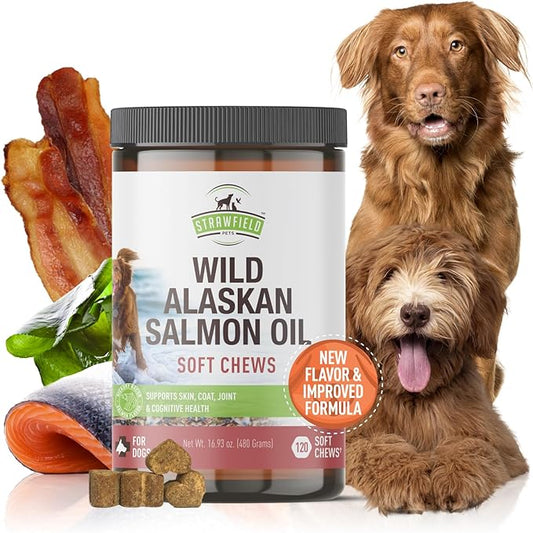 Strawfield Pets Salmon Dog Chews Omega 3 Fish Oil Chews with Wild Alaskan Salmon Oil Skin & Coat + Seasonal Allergy Support Hip & Joint Dog Supplement + EPA & DHA Made in USA