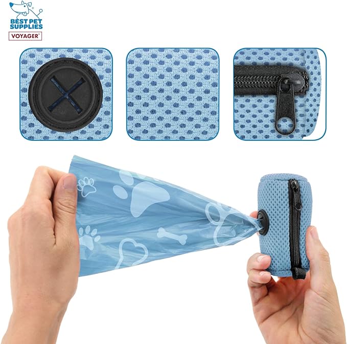 Best Pet Supplies Dog Poop Bag Holder Leash Attachment with 15 Bags, Baby Blue, Reusable Mesh Dispenser Pouch for Travel, Walking, Park, and Outdoor Use, Soft and Durable with Clip-On