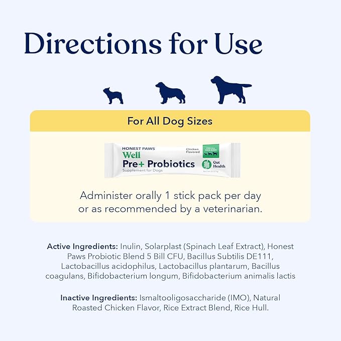 Honest Paws Probiotics for Dogs - Dog Digestion Gut Health Probiotic Powder with Prebiotic Made in The USA, Digestive and Immune Support - Digestive Enzymes with Chicken Flavor (30 Sticks)