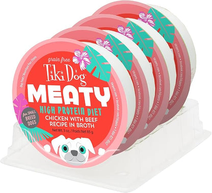 Tiki Dog Meaty – Grain Free High Protein Wet Dog Food Beef Recipe in Broth, 4 cans, 3 oz