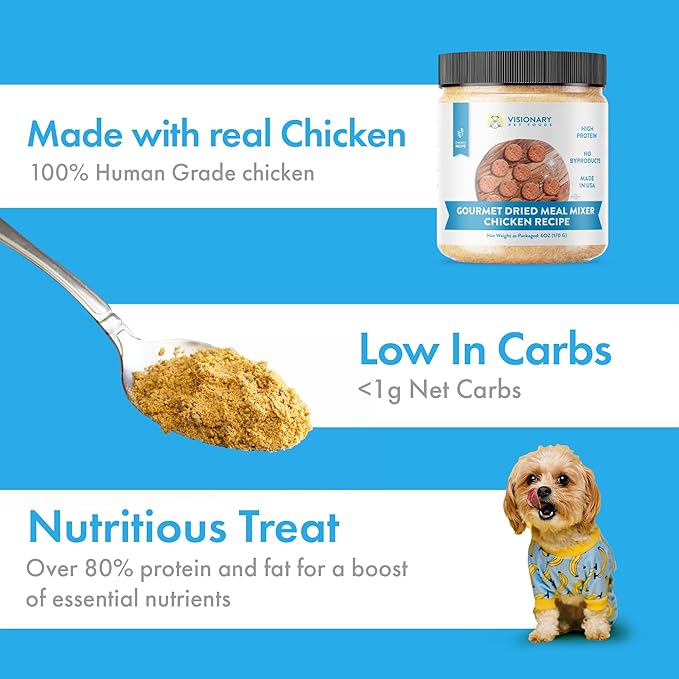 Visionary Pet Foods Gourmet Freeze Dried Meal Mixer, Dry Food Topper, High in Protein, Low Carb and Grain Free, Healthy Snack for Dogs, Chicken Flavor 6oz. Jar