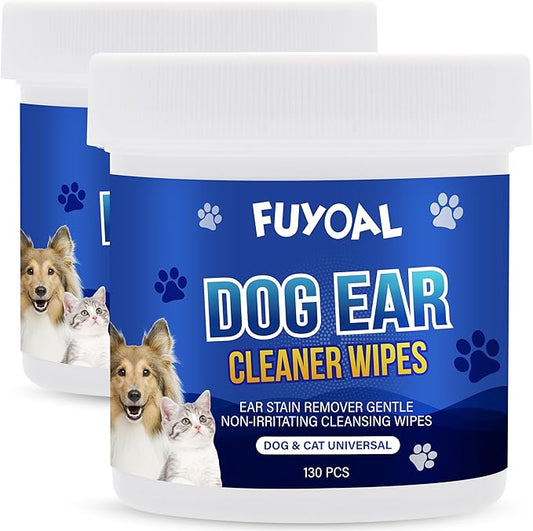 Dog Ear Wipes, 2 Packs 260 Counts Unscented to Stop Ear Itching & Soothes & Deodorizes, FUYOAL Ear Wipes Cleaner for Dogs Cats Pet Puppy Large Small Breed, Dog Ear Treatment Cleaning Wipes