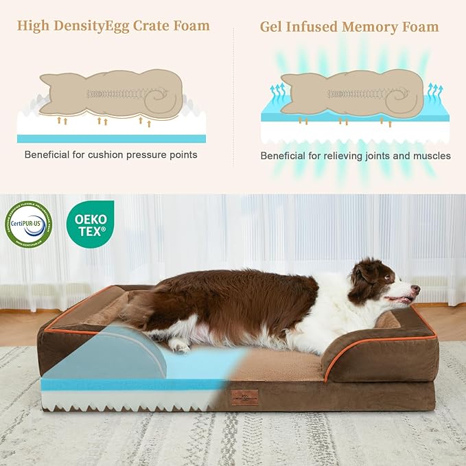 Cooling Dog Bed for Extra Large Dogs, Orthopedic Memory Foam Dog Bed, XL Dog Bed with Removable Cover, Waterproof Pet Bed Large with Bolster(X-large,Khaki Brown)