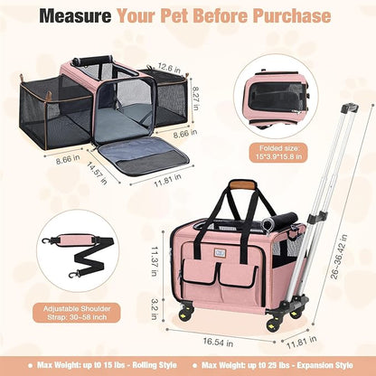 Lekereise Airline Approved Cat Dog Carrier with Wheels Expandable Rolling Pet Carrier for Medium Dogs and Cats Under 15 25LBS, Pet Travel Carrier on Wheels, Pink
