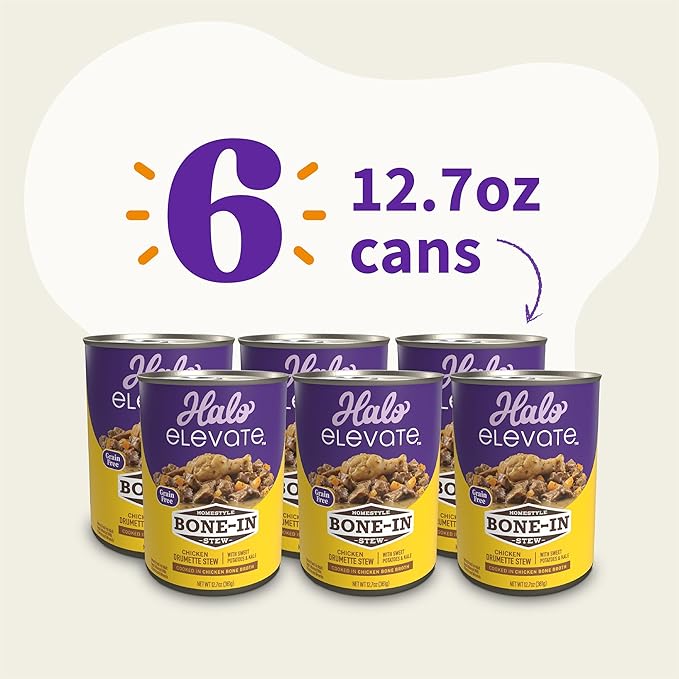 HALO Elevate Wet Dog Food, Grain Free, Homestyle Bone-in Chicken Stew with Sweet Potatoes & Kale, 12.7oz (Pack of 6)