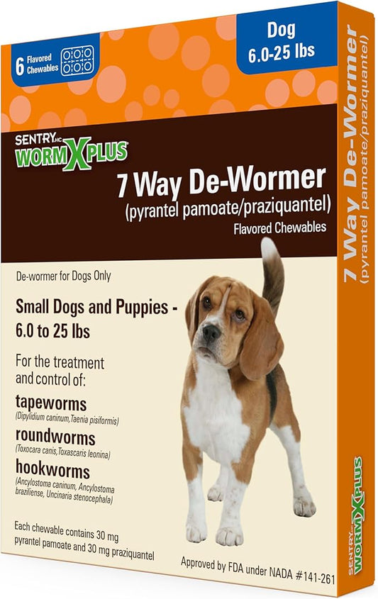 SENTRY PET CARE SENTRY HC WORM X PLUS 7 Way De-Wormer (pyrantel pamoate/praziquantel), for Puppies and Small Dogs, 6-25 lbs, Chewable, 6 Count