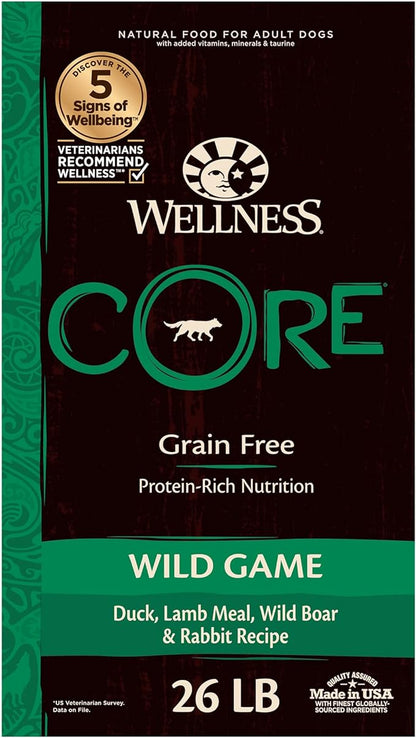 Wellness CORE Grain-Free High-Protein Dry Dog Food, Natural Ingredients, Made in USA with Real Meat, All Breeds, For Adult Dogs (Wild Game Duck, Lamb Meal, Boar & Rabbit, 26-Pound Bag)