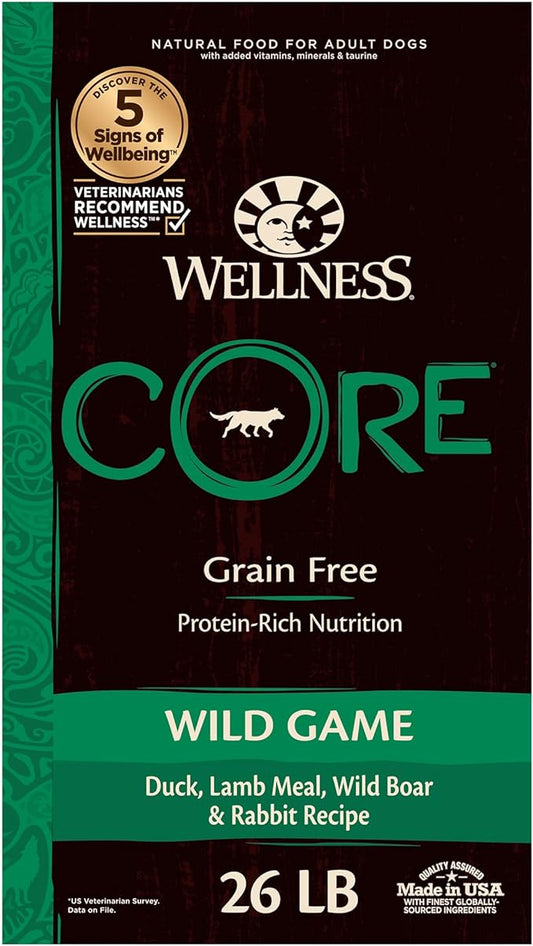 Wellness CORE Grain-Free High-Protein Dry Dog Food, Natural Ingredients, Made in USA with Real Meat, All Breeds, For Adult Dogs (Wild Game Duck, Lamb Meal, Boar & Rabbit, 26-Pound Bag)