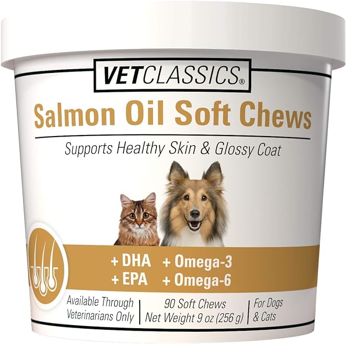 Vet Classics Salmon Oil Pet Supplement for Healthy Skin, Glossy Coats – Dog Coat Supplement, Cat Skin Supplement – Includes Omega-3, 6, 9, Source of DHA, EPA – Soft Chews 90 Ct.