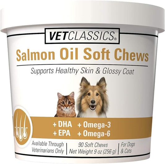 Vet Classics Salmon Oil Pet Supplement for Healthy Skin, Glossy Coats – Dog Coat Supplement, Cat Skin Supplement – Includes Omega-3, 6, 9, Source of DHA, EPA – Soft Chews 90 Ct.