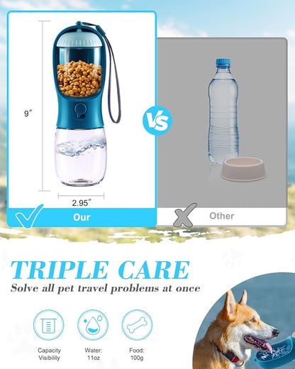 Dog Water Bottle 2 in 1, Leak Proof Portable Pet Water Bottle with Food Container, Outdoor Portable Water Dispenser for Cat, Puppy Supply for Walking, Hiking, Camping, Travel(10oz Ink Blue)
