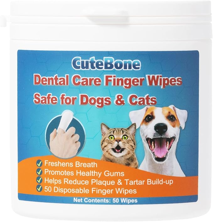 CuteBone Pet Dental Finger Wipes - 50 Count, Easy Oral Care for Cats & Dogs, Disposable, Stress-Free