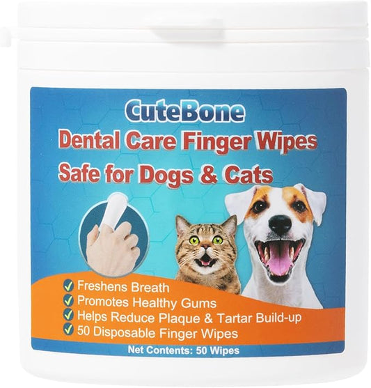 CuteBone Pet Dental Finger Wipes - 50 Count, Easy Oral Care for Cats & Dogs, Disposable, Stress-Free