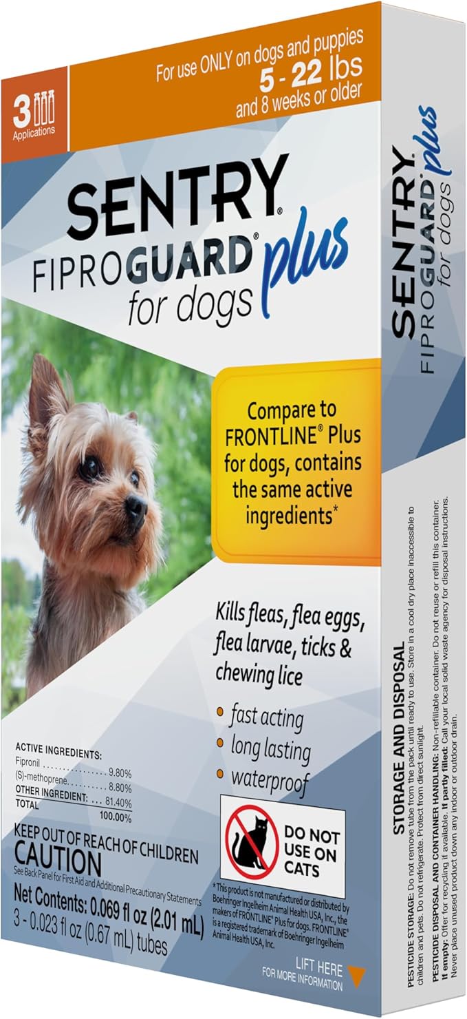Sentry 3 Count Fiproguard Plus for Dogs Squeeze-On, 5-22-lbs
