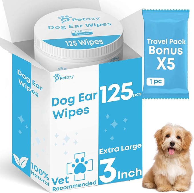Dog Ear Wipes for Dog | Unscented Dog Ear Cleaner for Dogs | Remove Dirt Wax Itch Odor | Natural Cleaning Puppy Ear Wipes | Soothing Ear Wipes for Pets Cat | Organic Ingredients | 125 XL Pcs