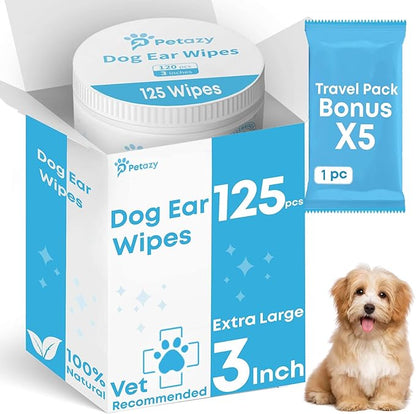 Dog Ear Wipes for Dog | Unscented Dog Ear Cleaner for Dogs | Remove Dirt Wax Itch Odor | Natural Cleaning Puppy Ear Wipes | Soothing Ear Wipes for Pets Cat | Organic Ingredients | 125 XL Pcs