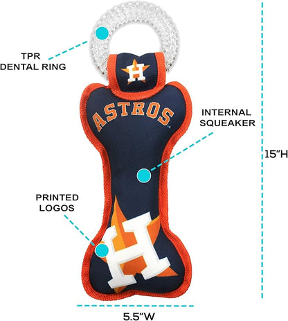 MLB Houston Astros Bone Shaped Dental Dog TUG Toy with Squeaker. Tough PET Toy for Healthy Fun, Teething, and Cleaning pet's Teeth and Gum.