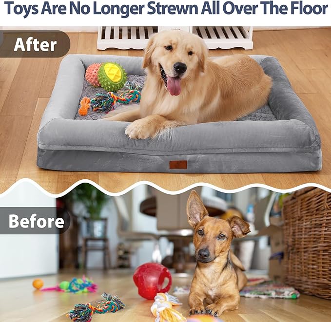 Large Dog Bed, Grey Orthopedic Dog Bed, Waterproof Dog Bed with Removable Cover, 4-Sides Removable Bolster Dog Soft Sofa Bed with Nonskid Bottom, Washable Dog Beds for Large Dogs