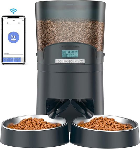 HoneyGuaridan Automatic Cat Feeders 2 Cats, 2.4G WiFi Smart Pet Feeder with APP Control for Cats and Dogs Dry Food Dispenser with 2 Stainless Steel Bowl, Desiccant Bag, 10s Voice Recorder (6.5L, Blue)